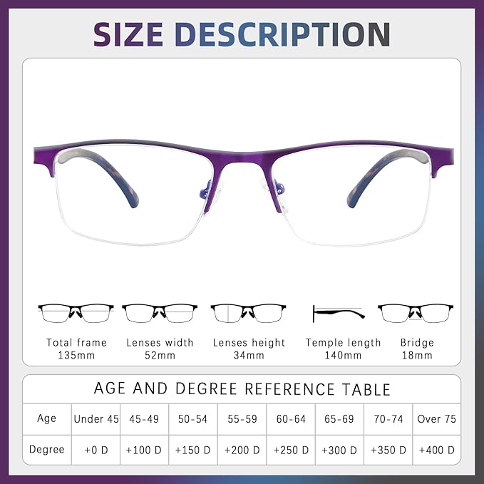 FONHCOO Reading Glasses for Women Men, Blue Light Blocking Reading Glasses Metal Half Frame Computer Readers Anti UV/Glare