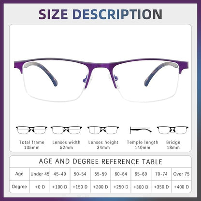 FONHCOO Reading Glasses for Women Men, Blue Light Blocking Reading Glasses Metal Half Frame Computer Readers Anti UV/Glare