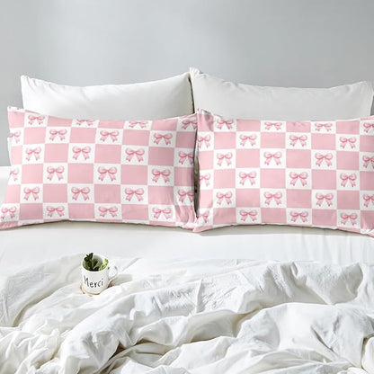 Princess Bowknots Fitted Sheet Set with 2 Pillowcase,Pink Bow-tie Dreamy Bow Girlish Microfiber Mattress Cover,Geometric Grids Plaids Patchwork Pink White Bed Cover Queen Size