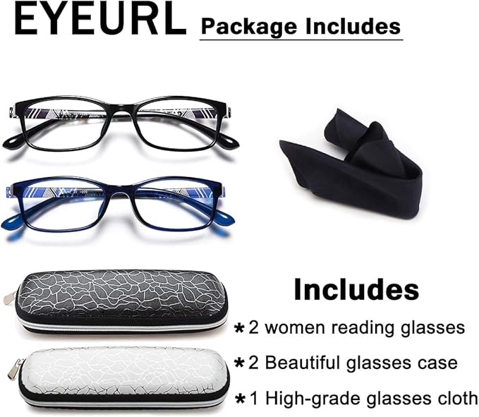 EYEURL 2-Pack Reading Glasses Blue Light Blocking Readers for Women-TR90 Lightweight Computer Reading Glasses Stylish Rectangular Frames Eyeglasses,0.0