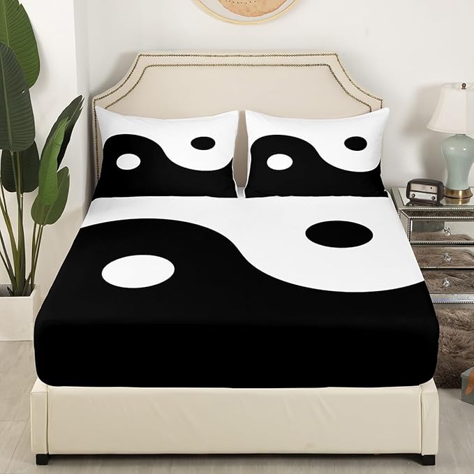Manfei Black and White Kids Sheet Set King Size, Tai Chi Gossip Bed Sheet Set 4pcs (Fitted Sheet, Flat Sheet, 2 Pillowcases), Yin Yang Gossip Bedding Set for Boys Teens Adults Bedroom Decor