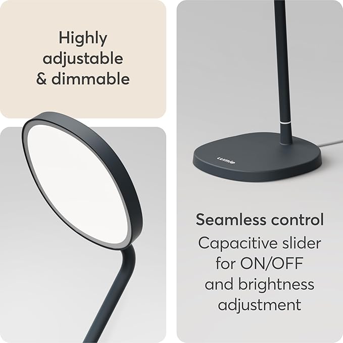 Lumie Task - 10,000 Lux Adjustable Bright Light Therapy Desk Lamp for Mood and Energy Boost and Winter Blues Relief, Crystal Clear Illumination and Maximum Visual Comfort - Charcoal Blue