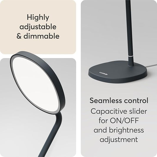 Lumie Task - 10,000 Lux Adjustable Bright Light Therapy Desk Lamp for Mood and Energy Boost and Winter Blues Relief, Crystal Clear Illumination and Maximum Visual Comfort - Charcoal Blue