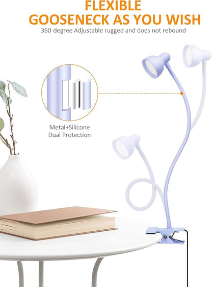 Clip on Lamp USB Reading Light, 3 Color Modes, 10 Brightness Dimmable, Flexible Gooseneck Desk Lamp with Clamp, Eye Care Clip on Light for Bed Headboard Desk Home Dorm Purple