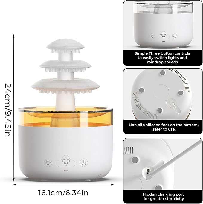 Humidifiers for Bedroom, Rain Cloud Humidifier with 7 Colors Night Light, Simulate Falling Raindrops Small Humidifier Aroma Diffuser for Sleeping, Relaxing (Fountain-White)