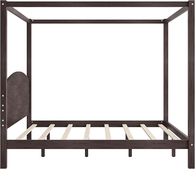 LUMISOL King Size Canopy Bed Frame with Headboard, Wood Platform Bed with Under Bed Storage, Four Poster Bed Frame with Slat Support Leg, No Box Spring Needed, Brown Wash