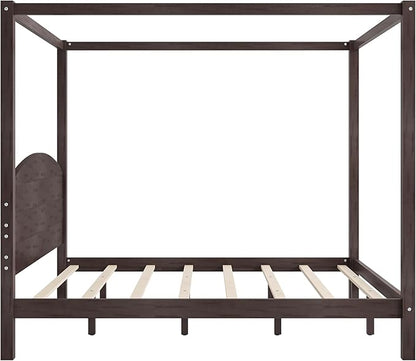 LUMISOL King Size Canopy Bed Frame with Headboard, Wood Platform Bed with Under Bed Storage, Four Poster Bed Frame with Slat Support Leg, No Box Spring Needed, Brown Wash