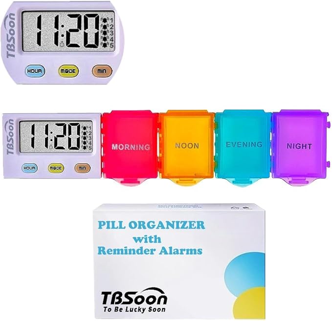 [4 in 1] 1 Day 4 Times Medicine Pill Organizer +5 Alarms + Timer+ Clock, Large Compartments,Loud Sound,Large Screen, Moisture-Proof,Dust-Proof, Travel Daily Pill Box/Organizer/Case/Container/Dispenser
