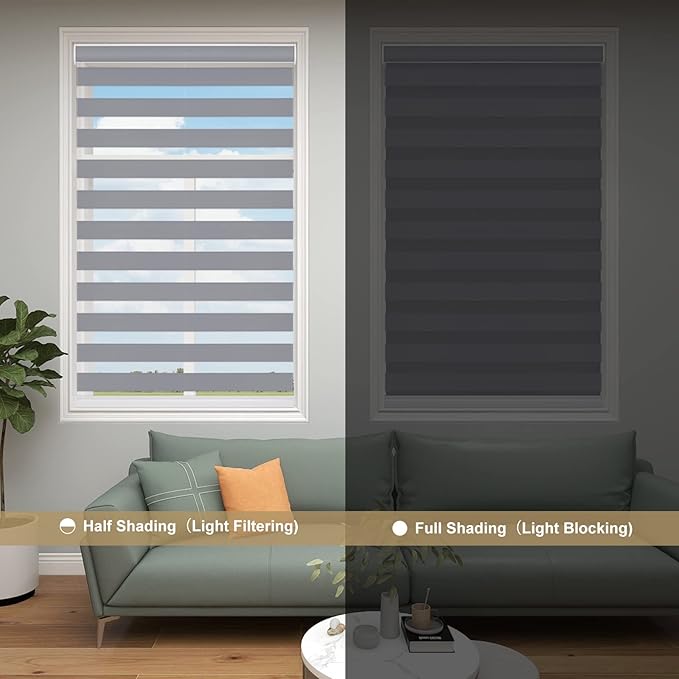 Changshade Zebra Blinds Cordless for Windows Blackout Custom Size, Zebra Roller Shades Dual Layer Horizontal Privacy for Indoor Sliding Glass Doors, Living Room, Bedroom, Bathroom, Nursey, Dark Grey