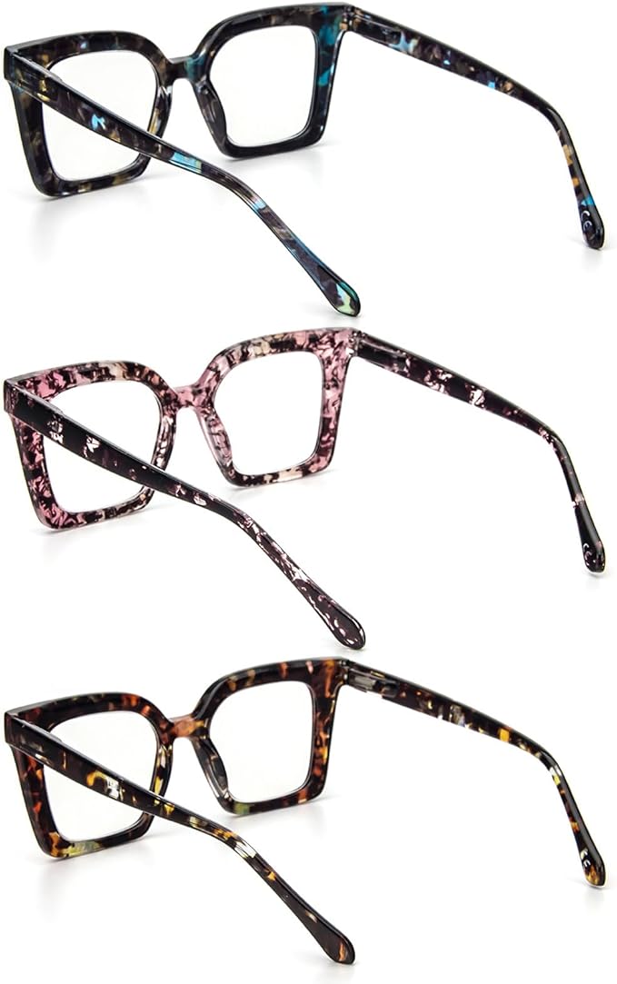 KoKoBin 3 Pack Stylish Square Frame Oprah Style Reading Glasses for Women, Blue Light Blocking Comfortable Readers