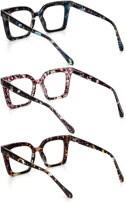 KoKoBin 3 Pack Stylish Square Frame Oprah Style Reading Glasses for Women, Blue Light Blocking Comfortable Readers