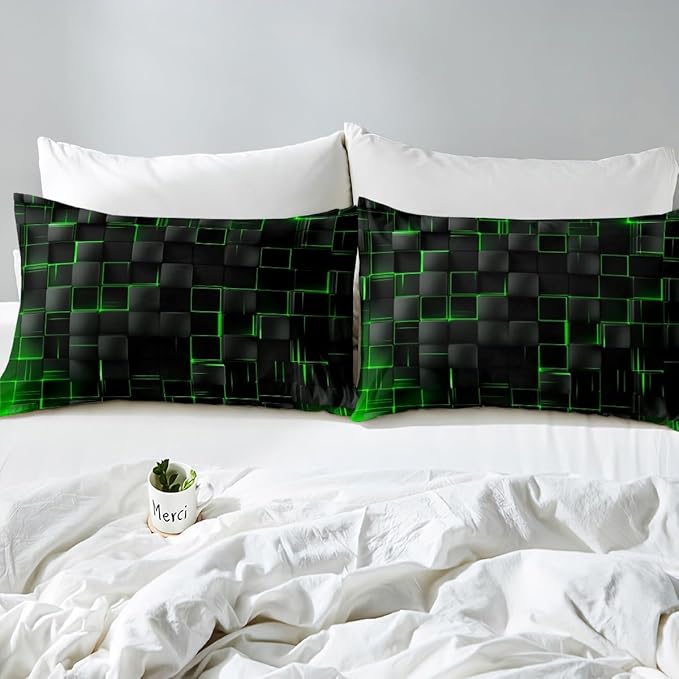 Manfei Abstract Sheet Set Full Size, Modern Geometric Square Grid Bed Sheet Set 4pcs with Deep Pocket Fitted Sheet + Flat Sheet + 2 Pillowcases, Green and Black Bedding Set for Kids Boys Girl Adults