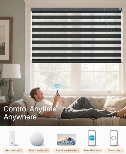 Smart Zebra Blinds for Windows, Alexa Motorized Blinds with Remote Control, Automatic Electric Power Zebra Shades for Indoor Windows (45" W x 72" H, Black)
