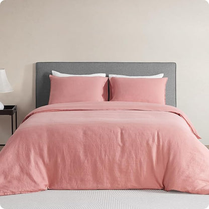 DAPU 100% Linen Duvet Cover Set - Pure Natural French Flax Linen with Corner Ties and Zipper Closure Soft Breathable Durable for Hot Sleepers 1 Duvet Cover 2 Pillowcases (Pink Clay, King)