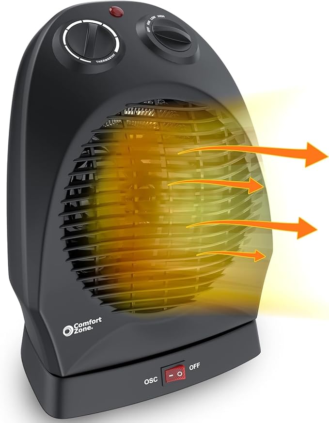 Comfort Zone Oscillating Space Heater with Adjustable Thermostat, Desktop, Fan-Forced, Portable, Overheat Sensor, Tip-Over Switch, Stay-Cool Housing, Ideal for Home, Bedroom, Office, 1,500W, CZ50BK