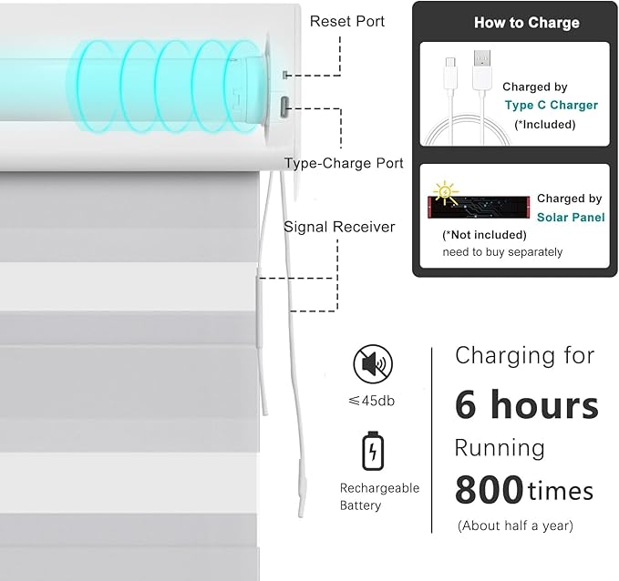 Changshade Smart Motorized Zebra Blinds Remote Control for Indoor Windows, Custom Size Electric Solar Panel Power Automatic Shades Work with Alexa, Goole Home, Apple Homekit, Light Filtering, Grey