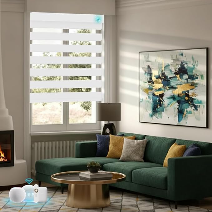 Motorized Zebra Blinds with Remote Smart Blind Work with Homekit Alexa SmartThings Electric Shade Cordless Automatic Solar Powered Window Shade Customize(100% Blackout Pure White)