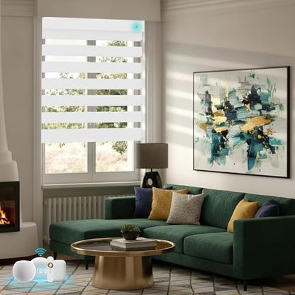 Motorized Zebra Blinds with Remote Smart Blind Work with Homekit Alexa SmartThings Electric Shade Cordless Automatic Solar Powered Window Shade Customize(100% Blackout Pure White)