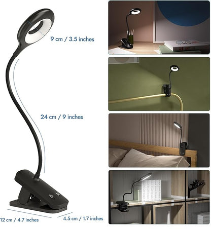 CUHIOY 2Pack Clip on Reading Light, 5 Colors 5 Brightness Bed Light for Headboard, Battery Rechargeable Flexible Neck Desk Lamp with Strong Clamp, Eye Protect LED Night Light for Kids Bunk Bed（Black）