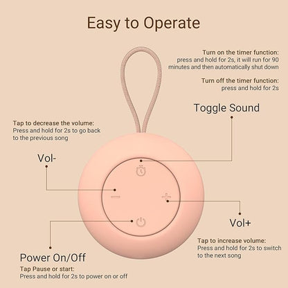 Portable Baby Sound Machine [White Noise for Babies Kids Adults][Timer Function][12 Soothing Sounds][Sleep Boombox] 15 Hours Battery Life, Travel,Registry,Gifts,Shower,Clips on Baby Stroller.Peach