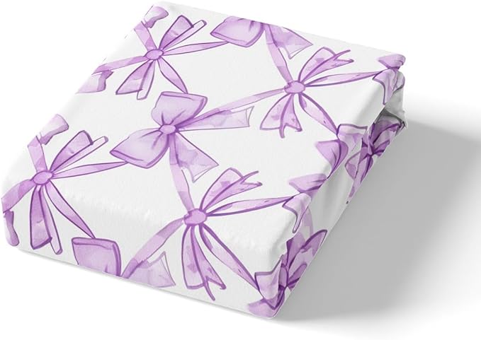 Purple Bowknots Fitted Sheet Dreamy Princess Bow-tie Purple White Bed Sheet Set for Kids Children Teens Watercolor Bow Crossed Lines Grids Paint Bed Cover Toddler Bedroom Decor,Twin Size