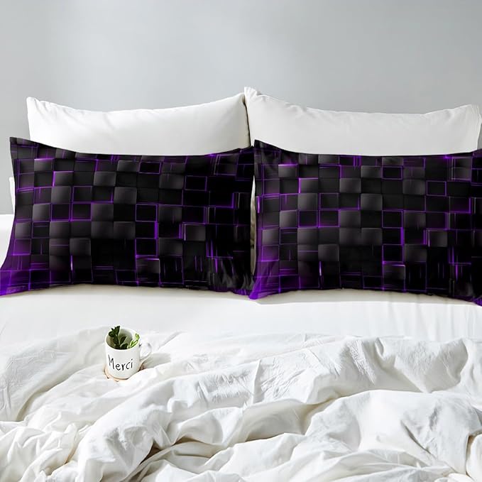 Manfei Geometric Sheet Set Full Size, Abstract Square Grid Print Bedding Set for Kids Boys Girls Adults, Purple and Black Bed Sheet Set 4pcs with Deep Pocket Fitted Sheet + Flat Sheet + 2 Pillowcases