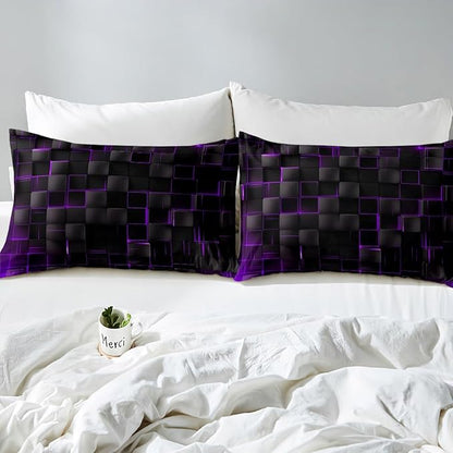 Manfei Geometric Sheet Set Queen Size, Abstract Square Grid Print Bedding Set for Kids Boys Girls Adults, Purple and Black Bed Sheet Set 4pcs with Deep Pocket Fitted Sheet + Flat Sheet + 2 Pillowcases