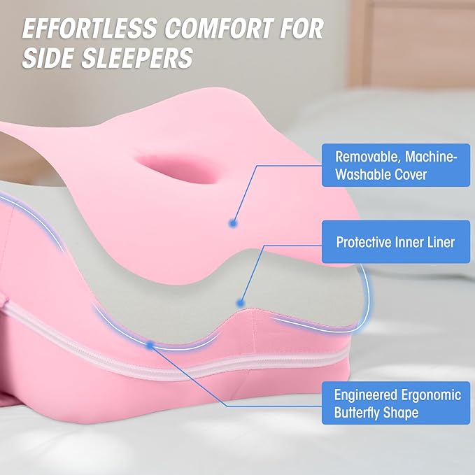 Knee Pillow for Side Sleepers & Sciatica Relief, Two Machine Washable Covers & Protective Inner Liner, Memory Foam Leg Pillow with Detachable and Adjustable Strap, One Pillow Only, White& Pink