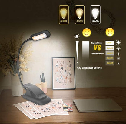 HONWELL Book Light Rechargeable Clip on Reading Light Dimmable Brightness Reading Lights for Books in Bed 3 Lighting Modes Best Kids Book Light Flexible Headboard Studying Light, Night Reading Lamp