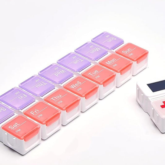 Automatic Pill Dispenser with Built-in Digital Clock & Reminder System Portable 7-Compartment Medicine Organizer with Flexible Design (Multicolor, 14Compartments 1)