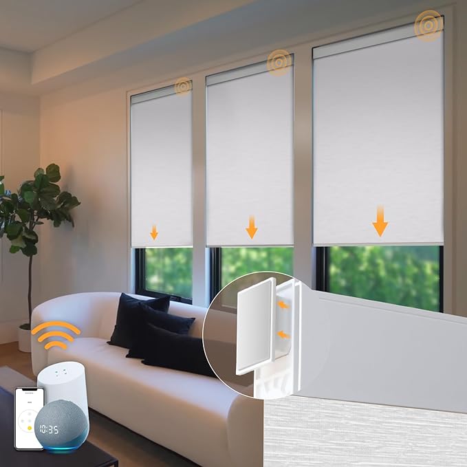 Motorized Blinds No Drill Automatic Blinds for Windows Cordless Roller Shades Electric Blinds with Remote Control Smart Blinds (White, 43 x 72)