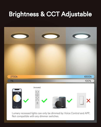 Lumary Black Smart Recessed Lighting 4 Inch, 9W 780LM Color Changing LED Downlight with J-Box, Dimmable Canless Wafer Light, Compatible with Alexa/Google Assistant/BT Remote, ETL Listed, 4 Pack