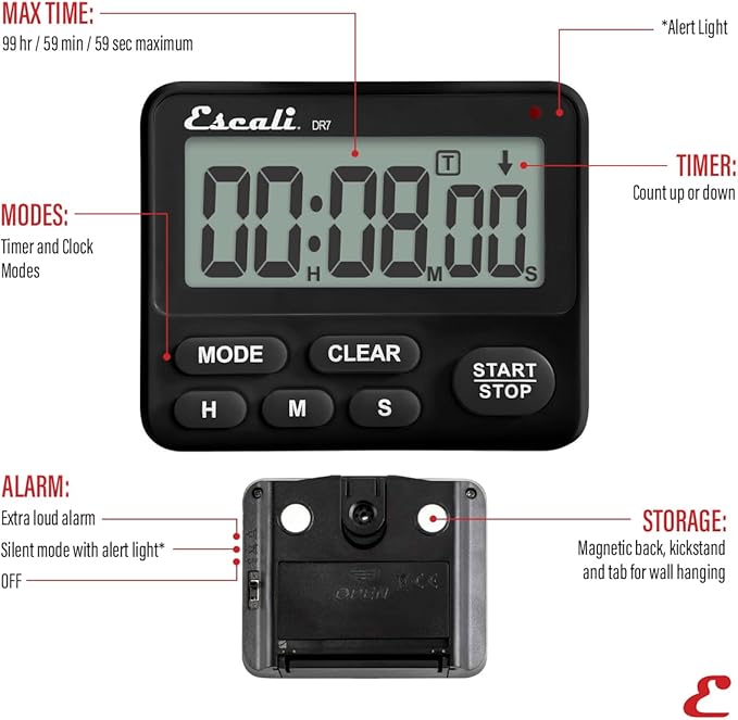 Escali Extra Loud Display Digital Kitchen Timer with Clock Mode, Recall Timer Magnetic Back
