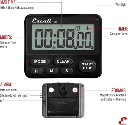 Escali Extra Loud Display Digital Kitchen Timer with Clock Mode, Recall Timer Magnetic Back