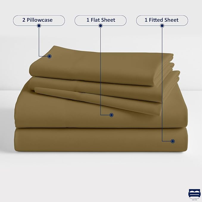 Cottingon 33"x75" Cot Sheet and Pillow Case 4 Piece Set, 100% Egyptain Cotton Soft Bedding Perfect for Rollaway, Folding, Guest Bed Frame, Fits Upto 7" Deep Mattress, Taupe Solid