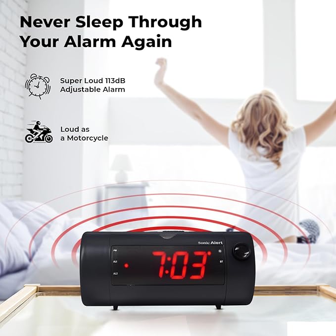 Sonic Blast Digital Alarm Clock – Alarm Clock for Heavy Sleepers – Projection Alarm Clock – Android & iOS Compatible - Bluetooth Speaker, USB Port – AUX Compatible