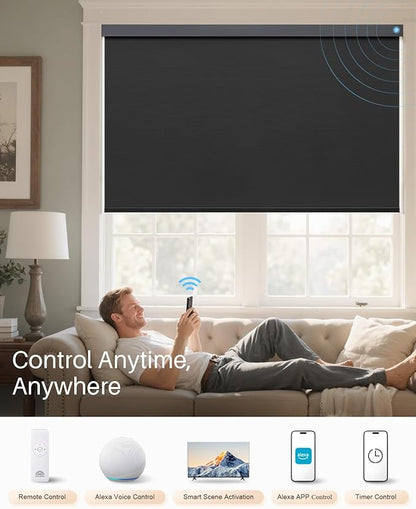Smart Roller Shades for Windows, Alexa Blackout Motorized Blinds with Remote Control, Easy Install Automatic Electric Blinds for Indoor (27" W x 72" H, Black)