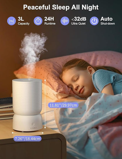 CLEVAST Smart Humidifiers for Bedroom, Top Fill 3L Cool Mist Quiet Ultrasonic Humidifier with Essential Oil Diffuser, Humidity Control, Wi-Fi Air Humidifier for Baby, Home, Compatible with Alexa
