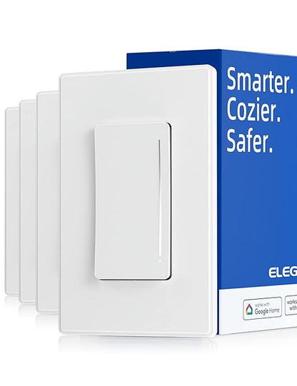 ELEGRP Smart Dimmer Light Switch DTR10, Single Pole Setup, 2.4GHz Wi-Fi Touch Dimmer Compatible with Alexa/Google Assistant, Needs Neutral Wire, No Hub Required, UL Listed, Matte White, 4 Pack