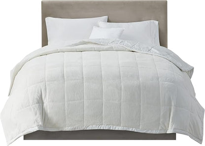 Madison Park Queen Cozy Blanket HeiQ Smart Temperature Plush to Microfiber Reverse Box Quilting, Reversible, Soft All Season, Lightweight Summer Cover, for Bed, Couch and Sofa, Full/Queen, Ivory