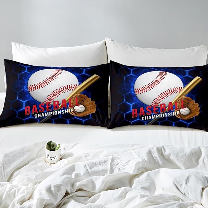 Manfei Baseball Sheet Set Full Size, Ball Games Sports Themed Bed Sheet Set 4pcs with Deep Pocket Fitted Sheet + Flat Sheet + 2 Pillowcases, Royal Blue Honeycomb Bedding Set for Kids Boys Room Decor