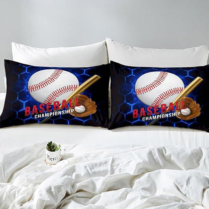 Manfei Baseball Sheet Set Queen Size, Ball Games Sports Themed Bed Sheet Set 4pcs with Deep Pocket Fitted Sheet + Flat Sheet + 2 Pillowcases, Royal Blue Honeycomb Bedding Set for Kids Boys Room Decor