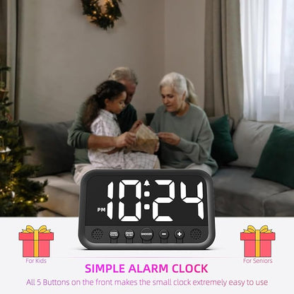 Small LED Digital Clock for Bedroom, Loud Alarm Clock for Heavy Sleepers Adults, Teens | Plug-In Electric Desk Clock | Simple Bedside Nightstand Clock with Adjustable Volume/Brightness/Snooze – White