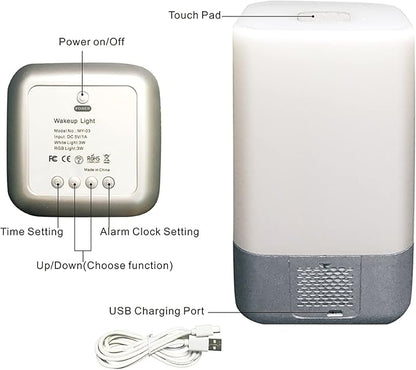 Smart Wake Up Light Alarm Clock, LED Table Lamp t-Button The Colorful Night Simulated Sunrise 3 Brightness Levels Adjustable