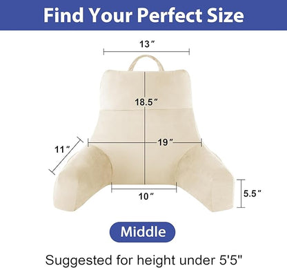 Back Pillow for Bed Sitting up, Reading Pillow for Sitting in Bed Adult, Back Support Pillow, Memory Foam Sit up Lounge Backrest Pillow with Arms for TV, Couch, Chair, Dorm, 18 Inch, Beige