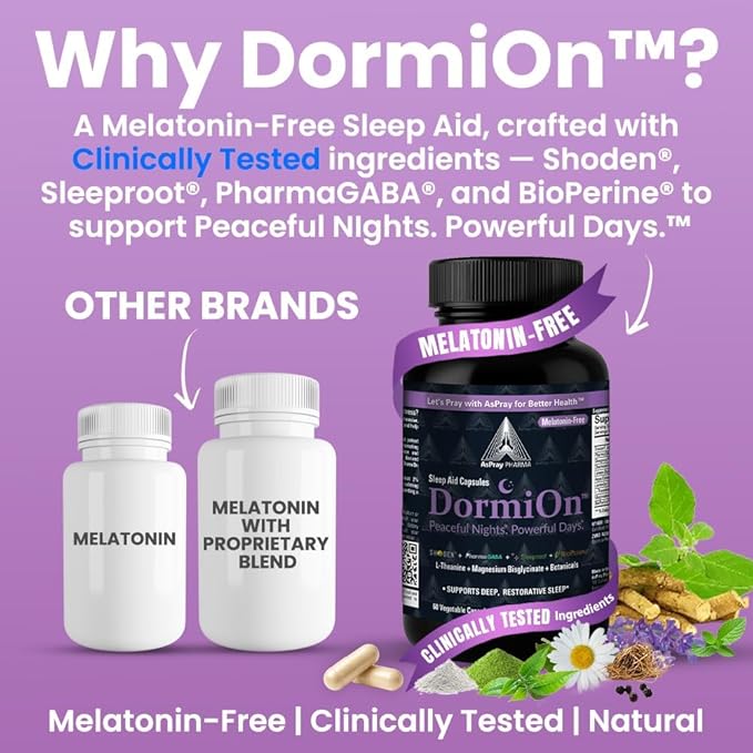 DormiOn™ Sleep + Restore Melatonin-Free Sleep Aid with Clinically-Proven Shoden® Ashwagandha, PharmaGABA®, Sleeproot® Valerian Root, L-Theanine, Mg., BioPerine® and 4 other Herbs. No grogginess.