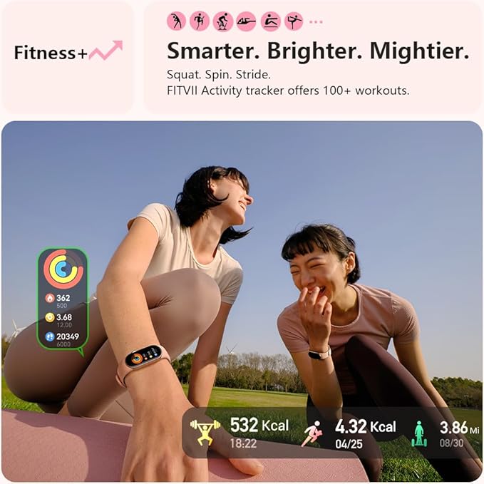 FITVII Slim Fitness Tracker AMOLED with Blood Oxygen, Blood Pressure, 24/7 Heart Rate and Sleep Tracking, IP68 Waterproof Activity Trackers and Smart Watches with Step Tracker, Pedometer for Women Men