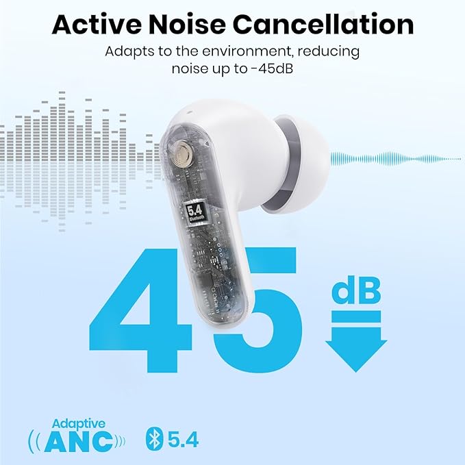 Bluetooth Headphones 5.4 Wireless Earbuds 2-in-1 Case and Phone Stand Noise Cancelling Earbuds Powerful Bass in-Ear Bluetooth 70H Playtime 35dB Hybrid ANC Waterproof for Sports/Workout White