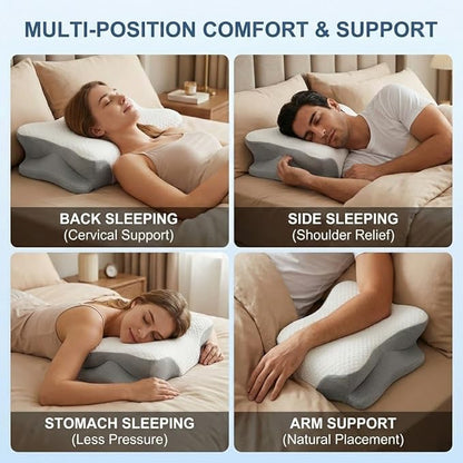 Cervical Neck Pillow for Pain Relief-Ergonomic Side Sleeper Pillow，Cooling Memory Foam Pillows for Neck Support,Contour Orthopedic Pillows for Back Stomach Sleepers (White&Grey 2)