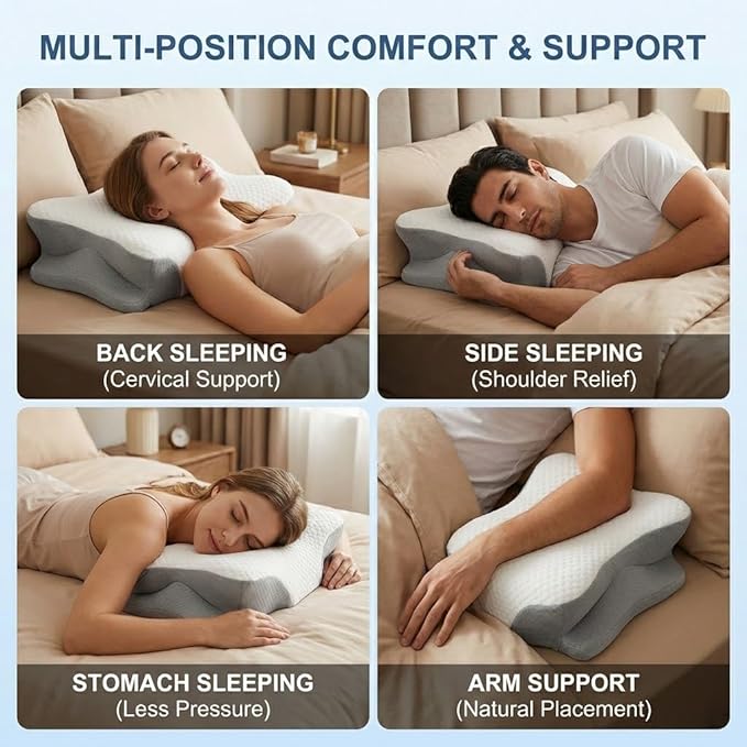 Cervical Neck Pillow for Pain Relief-Ergonomic Side Sleeper Pillow，Cooling Memory Foam Pillows for Neck Support,Contour Orthopedic Pillows for Back Stomach Sleepers (Grey&White 1)